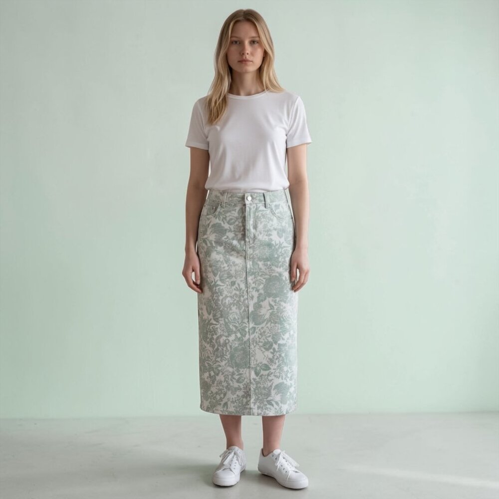 Nwt Humanoid Floral Print Denim Midi Skirt - Sage Green - Size Xs Msrp $255